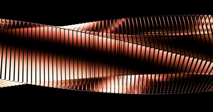 Abstract twisted spiral structure of transparent glass panels illuminated by flowing copper gradient light in darkness