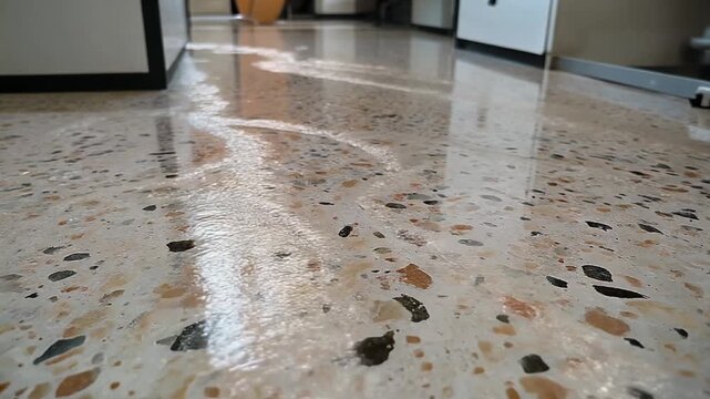 Terrazzo floor surface with water flowing steadily across it