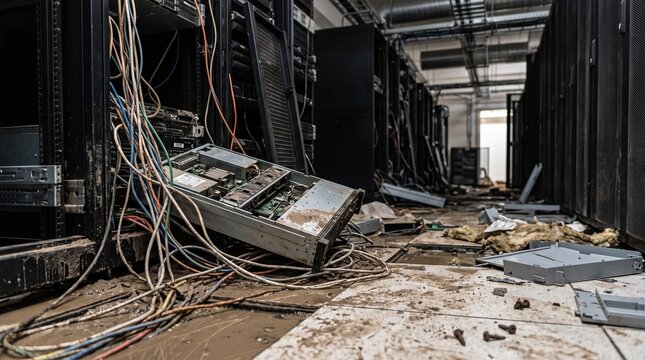 Abandoned and damaged server room with broken computer equipment and tangled cables.