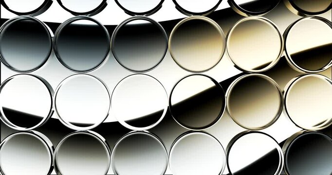 Abstract grid of transparent glass cylinders reflecting flowing gold and silver gradient light waves