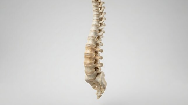 A 3d render of human spine showing back pian, highlighting lumbar vertebrae, intervertebral discs, and sacrum anatomy against a clean neutral studio background