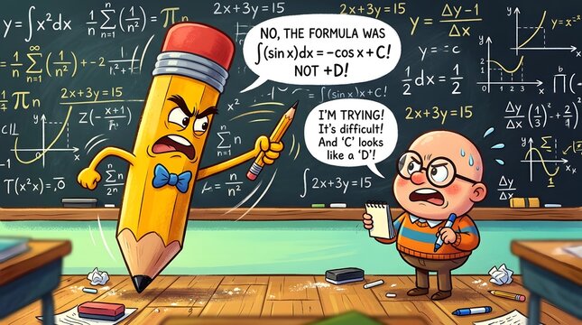 Furious pencil teacher scolding a confused student about a math formula.