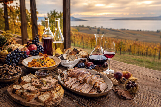St Martin's Day Goose Feast with Red Wine Decanter and Sunset Lake Balaton View with Copy Space