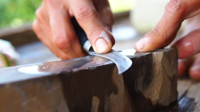 Close-up of hands sharpening a curved knife blade on a wet whetstone with water