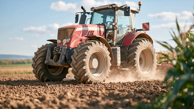 Red Tractor Working Across Dry Cultivated Farm Field