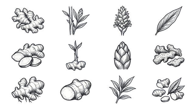 Ginger root and plant parts sketch set, botanical illustration of ginger.