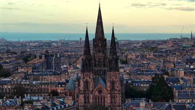 Beautiful Aerial View of St Marys Episcopal Cathedral and Edinburgh Skyline, Scotland