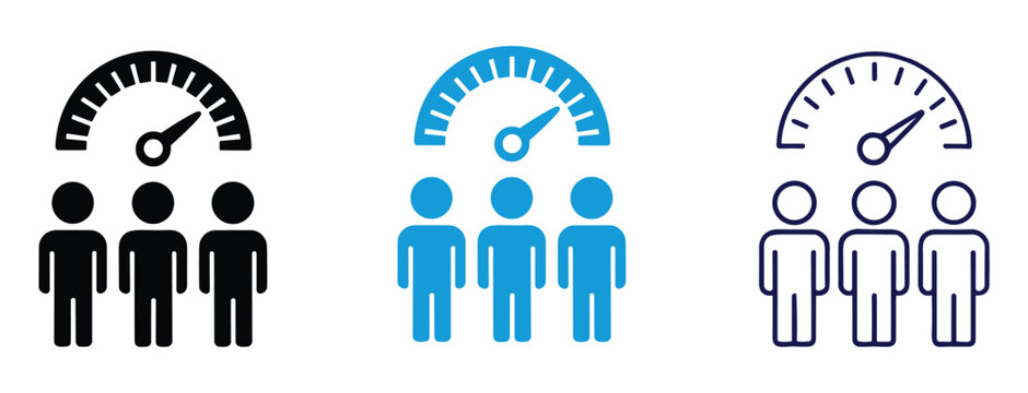 Performance Meter Icons: A set of three modern icons showcasing a performance meter with a needle indicating a high level, positioned above a group of stylized human figures.