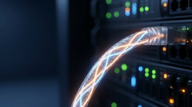 Glowing ethernet network cable plugged into dark server rack switch. High speed data transfer, fiber optic communication, internet connection, and cyber security infrastructure in modern data center.