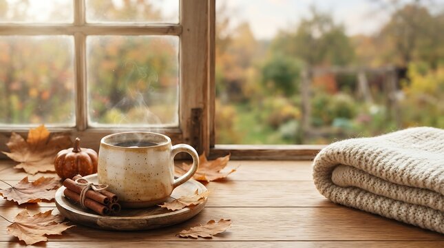 Steaming coffee mug on a wooden table by a window in autumn season