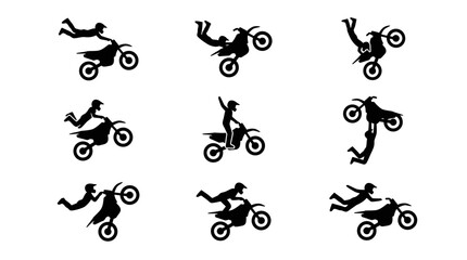 Fototapeta premium Motorcycle Tricks Silhouette Icons Set.