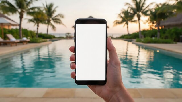 Hand holding a blank smartphone screen mockup against a tropical swimming pool background, at sunset for, travel and vacation, mobile app promotion