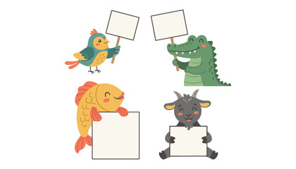 Fototapeta premium Cute cartoon animals holding blank signs and banners for message template isolated on white background vector