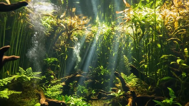 Sunbeams Pierce Lush Underwater Forest Canopy in Dense Aquatic Environment
