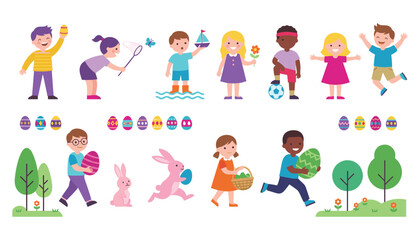 Naklejka premium Happy children enjoying summer outdoor activities and Easter egg hunt vector character icons collection set