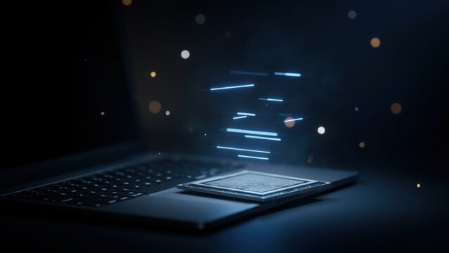 Futuristic computer processor chip with glowing digital data streams and floating particles in a dark tech environment for advanced computing concepts