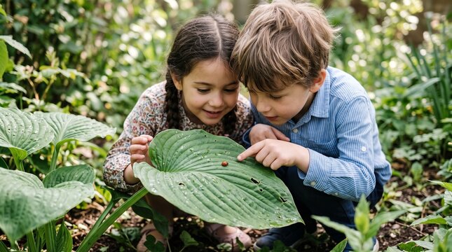 Curious young children exploring nature and observing a ladybug on a large green leaf in a garden