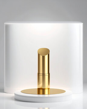 Minimalist gold lipstick tube standing upright on a white cylindrical display podium against a neutral studio background. Commercial product photography template featuring metallic luxury cosmetic pac