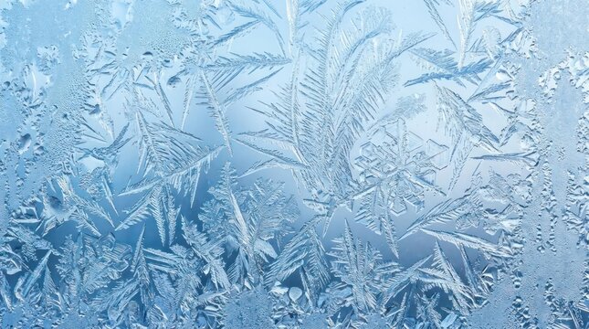 Detailed white frost patterns on light blue window pane.