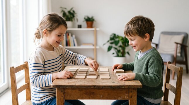 Two happy children playing a memory matching game with wooden tiles at a rustic table indoors