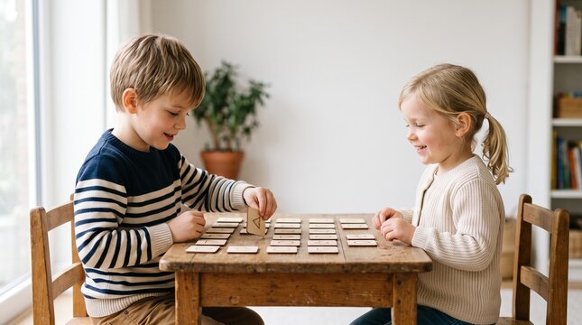 Two young children playing a matching game with wooden cards on a rustic table indoors