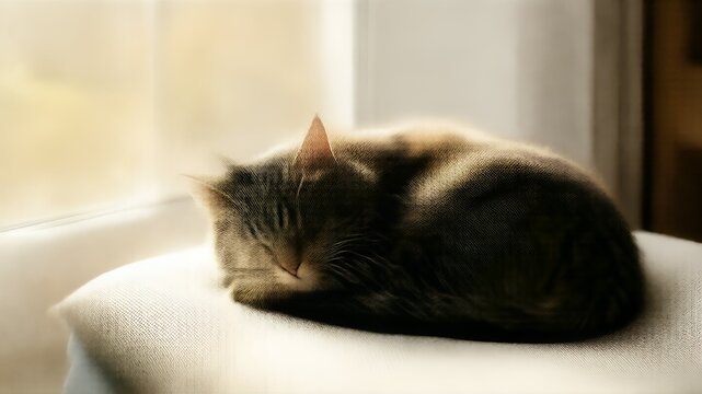 Rescued tabby cat sleeping peacefully beside a sunlit window