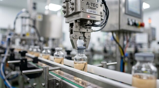 Robotic Capper Placing a Rubber Stopper onto a Filled Vial