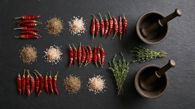 Flat lay of chili peppers and spices on dark background.