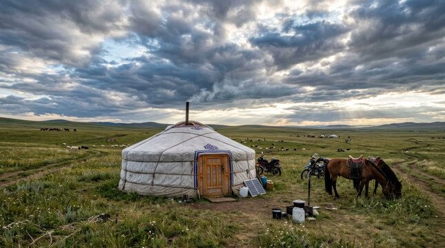 Traditional Mongolian Ger Dwelling in Vast Steppe Landscape Under Dramatic Sky.