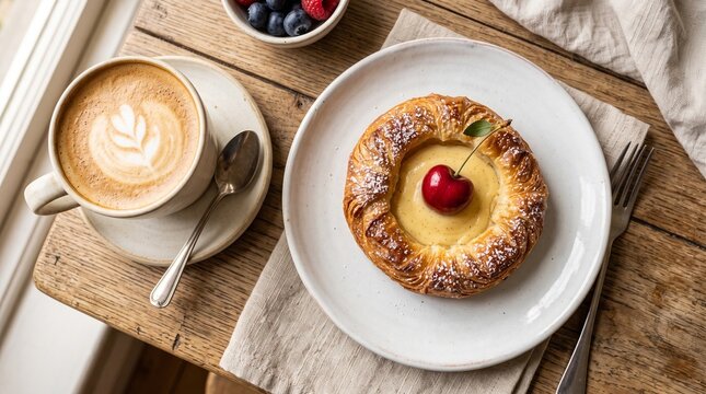 A delicious pastry served with coffee.
