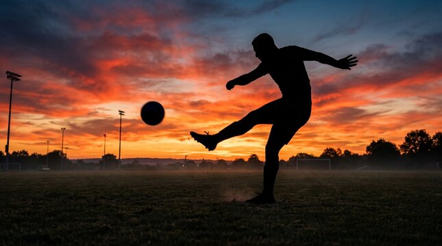 Soccer player kicks ball at sunset.

