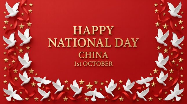 Festive red background celebrating national day chaina with white peace doves and elegant golden typography for holiday greeting