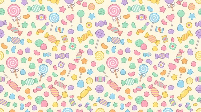 Colorful seamless pattern of various candies and sweets on a light background.