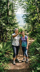 Fototapeta premium Grandmother and Granddaughter Bonding While Hiking Through a Scenic Forest Trail with Mountains in the Background During a Sunny Summer Vacation Day