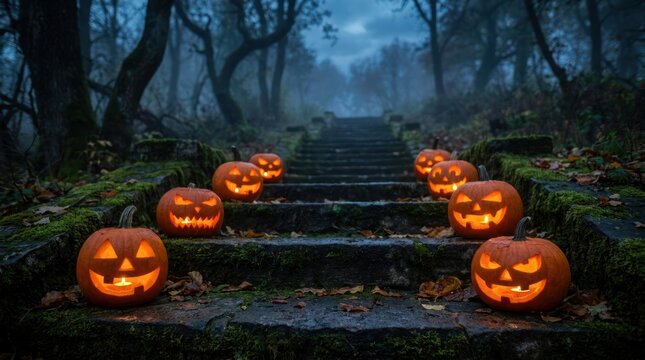 Glowing Jack-o-lanterns on stone stairs in dark woods.