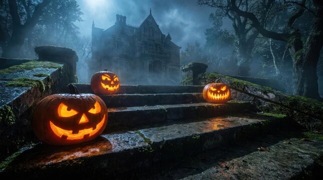 Glowing jack-o-lanterns on stone steps near spooky mansion.