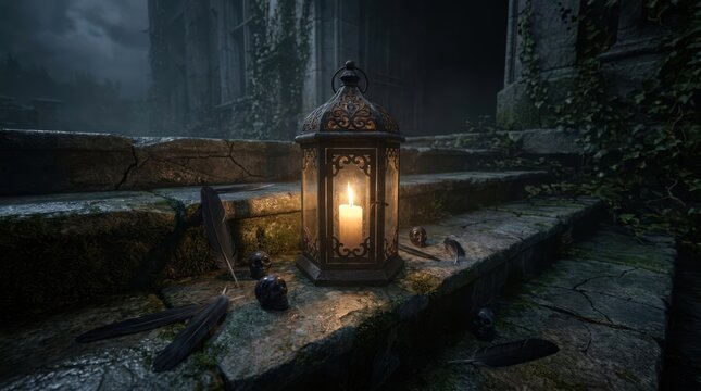 Glowing lantern on stone steps at night.