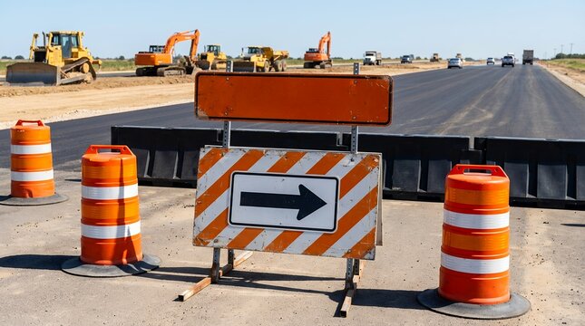 Road construction zone with orange traffic barrels warning signs indicating a directional detour and heavy machinery visible in the distance under a clear sky roadwork cones