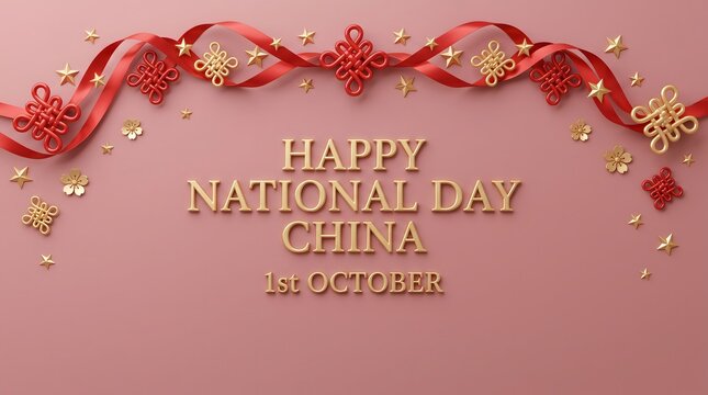 Elegant gold text celebrating the national day chaina holiday with festive red ribbons and decorative ornaments on pink