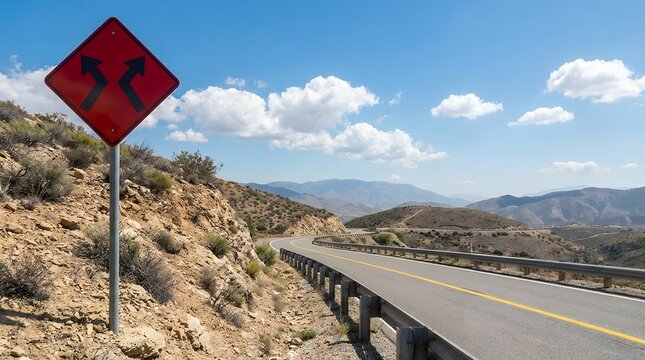 A diamond shaped red road sign with black arrows indicating divergent paths stands beside a winding asphalt road in a hilly arid landscape under a blue sky with clouds traffic sign
