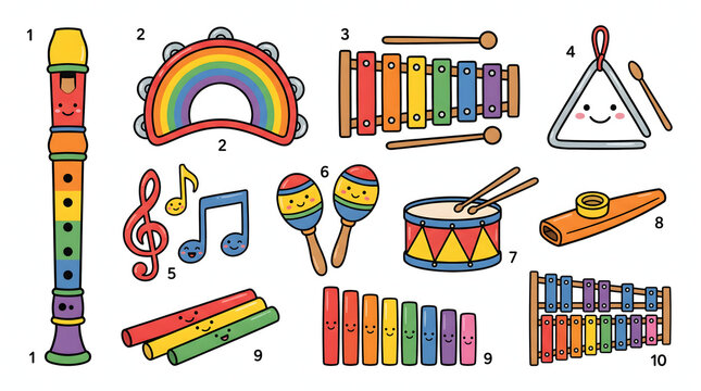 Set of kawaii musical instrument illustrations featuring recorder drum and xylophone for children