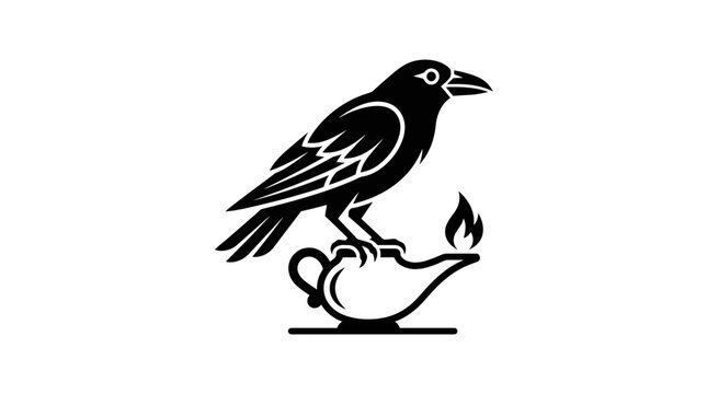 Black crow bird standing on an antique oil lamp logo design.