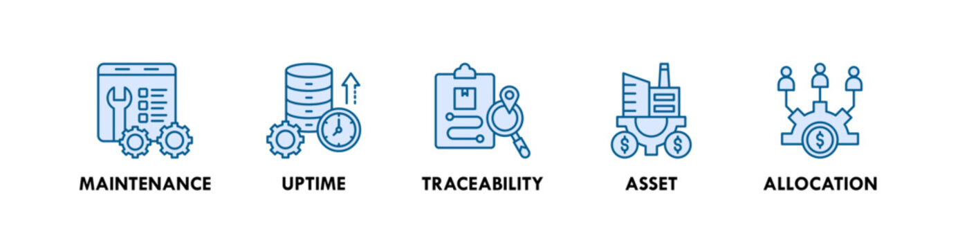 Smart Factory banner web icon illustration concept with icon of maintenance, uptime, traceability, asset, and allocation