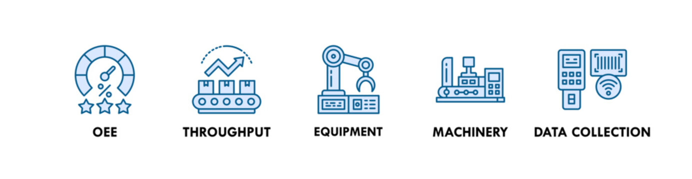 Manufacturing Execution System (MES) banner web icon illustration concept with icon of OEE, throughput, equipment, machinery, and data collection
