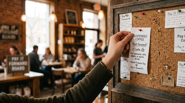 Person pinning a suspended coffee note on a cork board in a cozy cafe during world kindness day, pay it forward concept with warm interior background