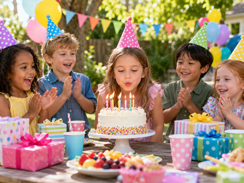 Children celebrating outdoor birthday party in garden