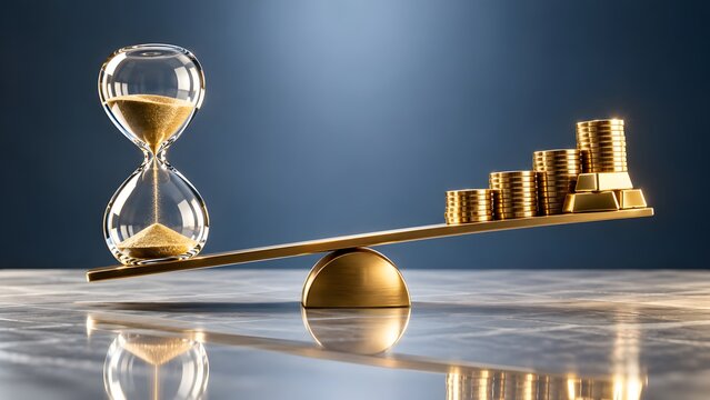 Hourglass balancing with gold coins and bullion bars on golden scale over reflective marble surface