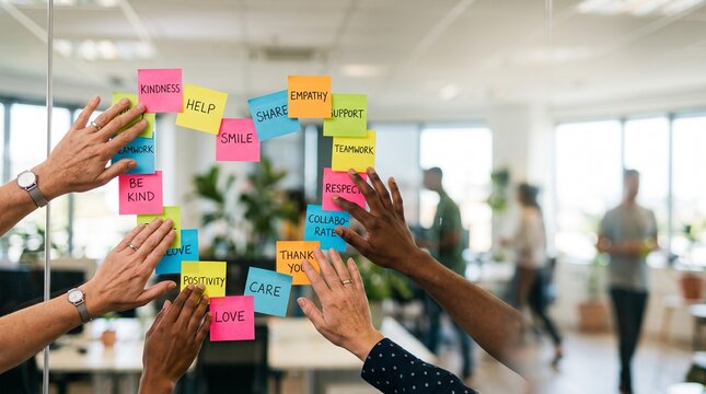 Diverse hands sticking colorful sticky notes forming a heart shape on a glass wall in an office for world kindness day, teamwork and positive workplace concept