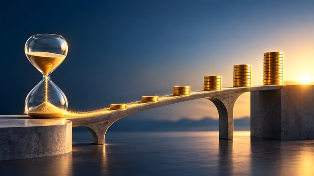 Glowing sand from hourglass transforming into coin bridge towards sunset representing long term financial growth