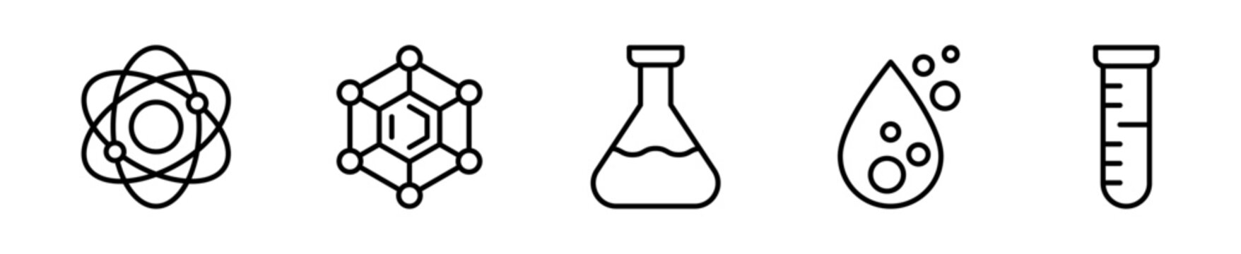 Set de 5 iconos de qu&iacute;mica. &Aacute;tomo, mol&eacute;cula hexagonal, matraz, gota qu&iacute;mica y probeta graduada. Dise&ntilde;o vectorial lineal